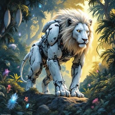 Primary subject: A lion with a mechanical body.

Setting/background: A forest with trees and flowers.

Visual style: Digital art.

Colors and mood: The lion has a white body with orange eyes, and the forest is filled with vibrant colors, creating a lively and energetic atmosphere.